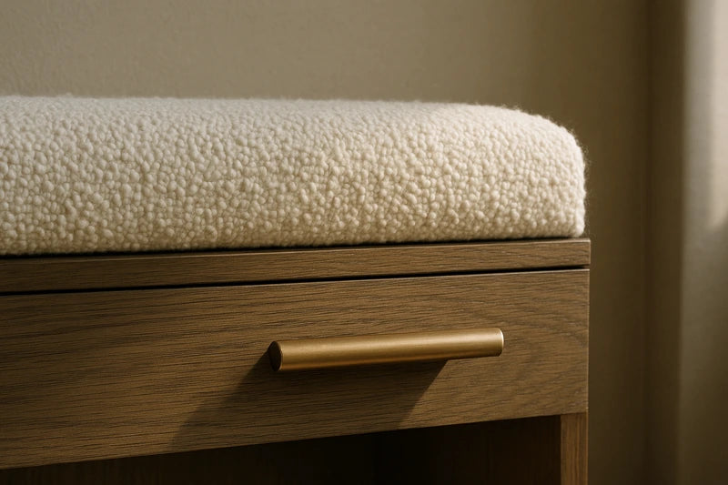 Boucle fabric and bronze hardware detail