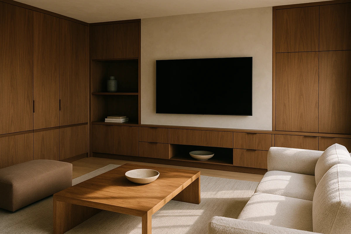 Villa Glory media room with bespoke walnut joinery
